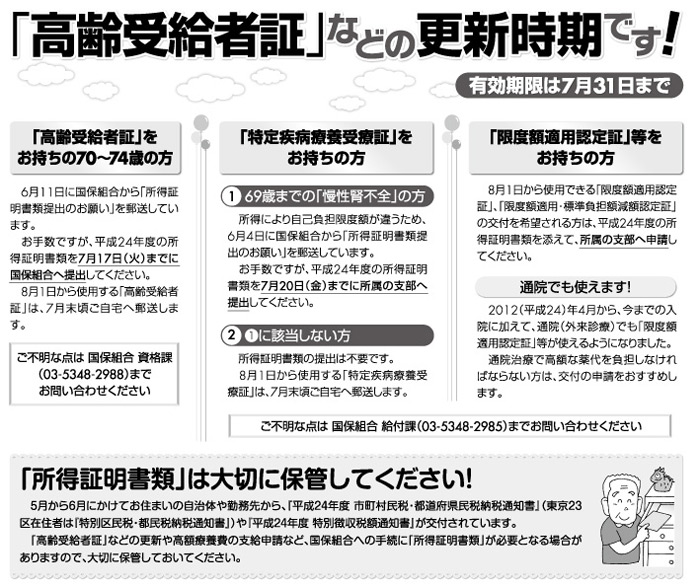 「高齢受給者証」などの更新時期です!