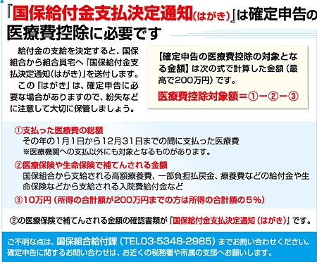 『国保給付金支払決定通知(はがき)』は確定申告の医療費控除に必要です